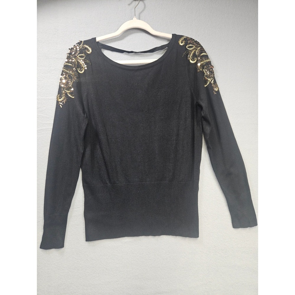 Cache Womens Black Sequin Gold Beaded Shoulder V-Back Knit Sweater Large
